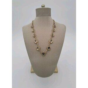 Coldwater Creek Necklace Smokey Round Crystal Links Gold Tone Long Chain 22" VTG